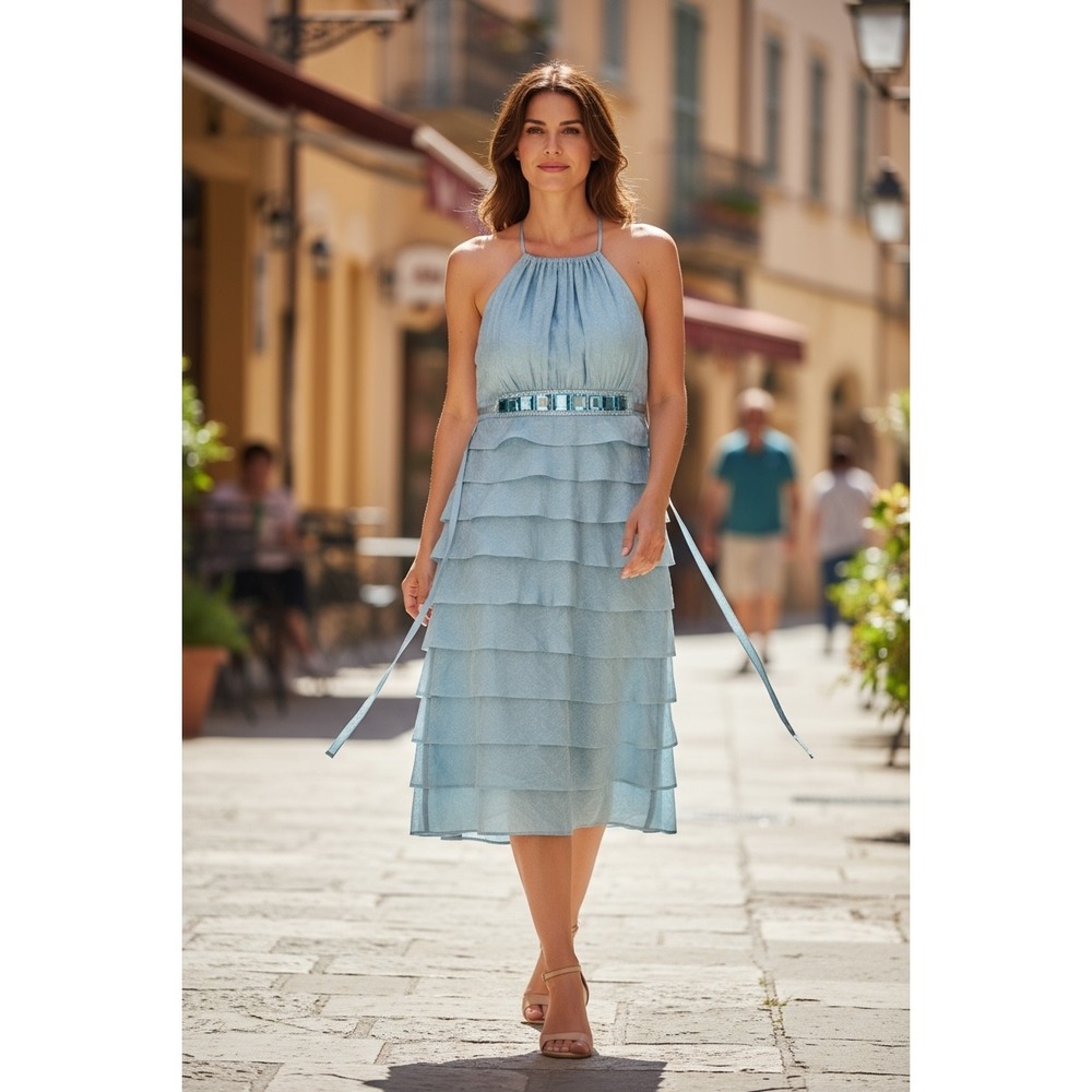 Adrianna Papell Aqua Teal Mini Dress, Halter Neckline, Tiered Layered, Size 6
